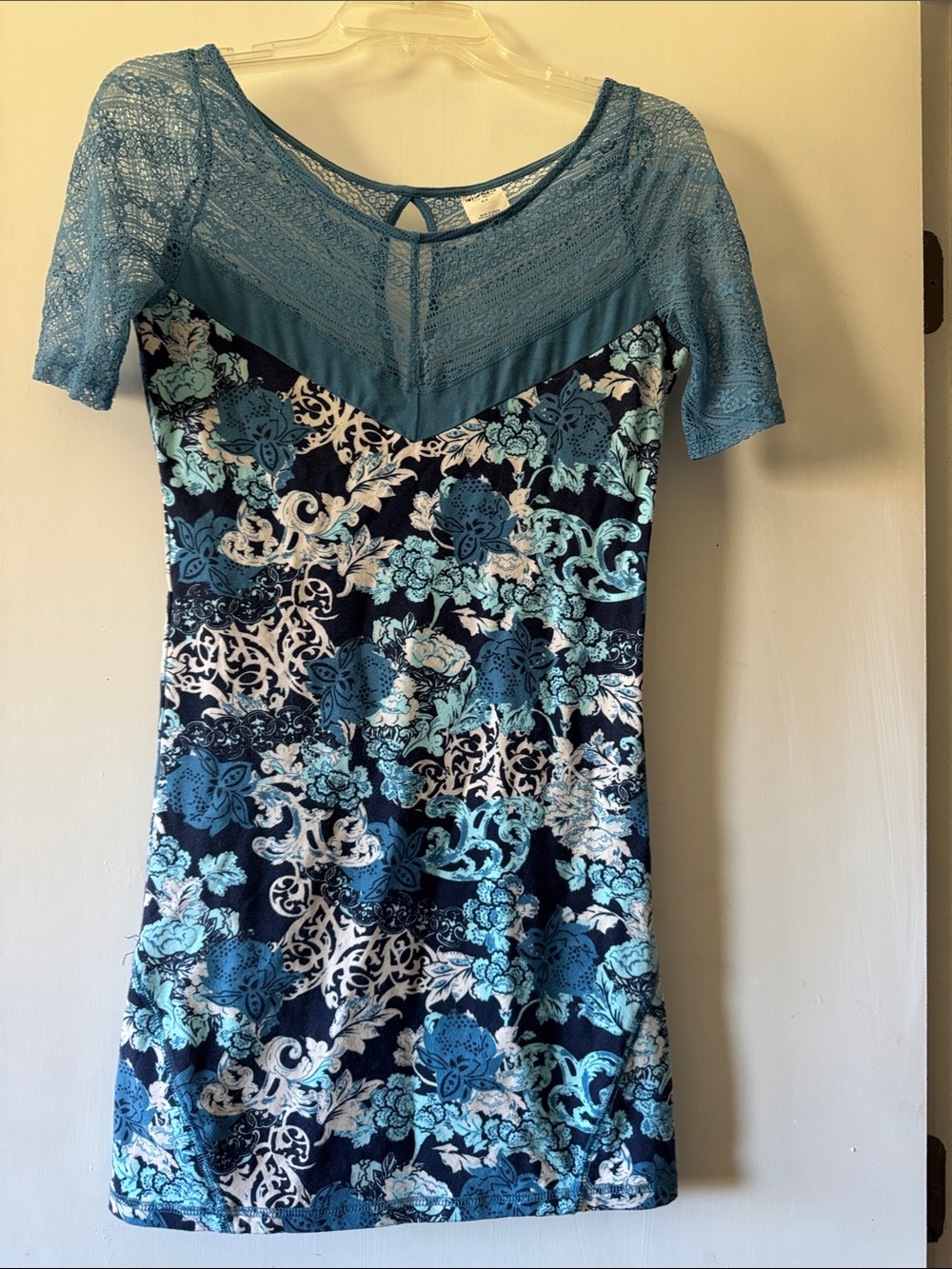 Intimately FREE PEOPLE Teal Blue Floral Lace Yoke Slip Mini Dress Size S